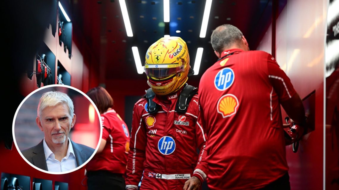 Image of Lewis Hamilton in the Ferrari garage at the Saudi Arabian Grand Prix with an inset of Damon Hill