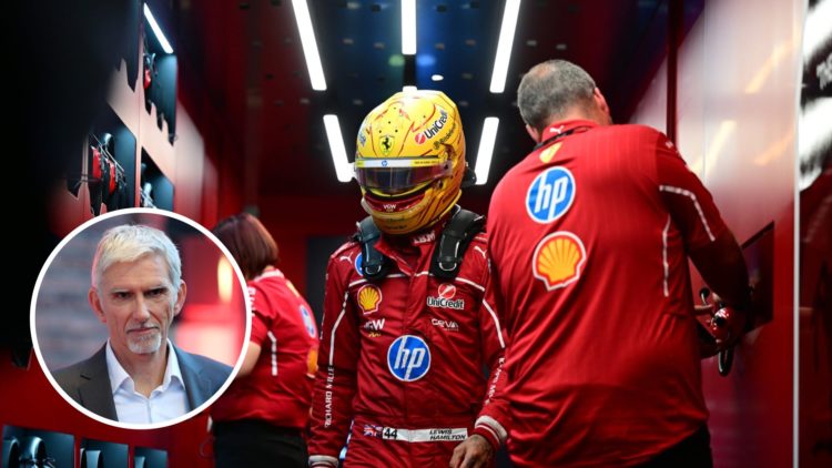 Image of Lewis Hamilton in the Ferrari garage at the Saudi Arabian Grand Prix with an inset of Damon Hill