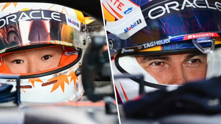 Split image of Yuki Tsunoda and Sergio Perez sitting in Red Bull F1 cars in the garage.
