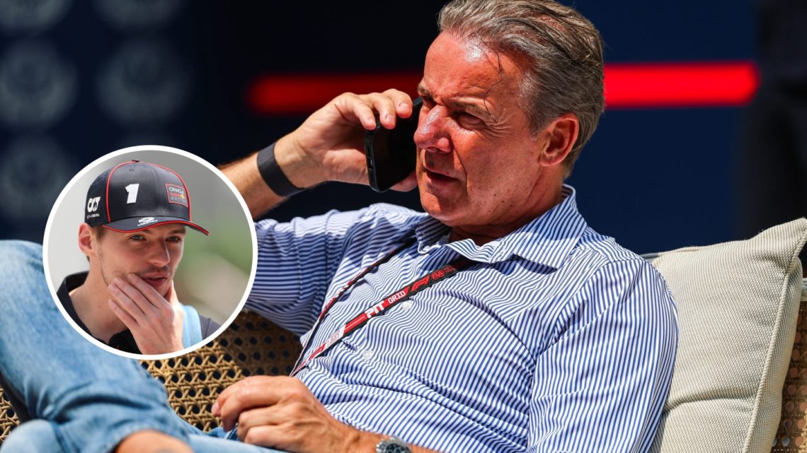 Image of Max Verstappen's manager Raymond Vermeulen on the phone in the Saudi Arabian Grand Prix paddock with an inset of the Red Bull driver