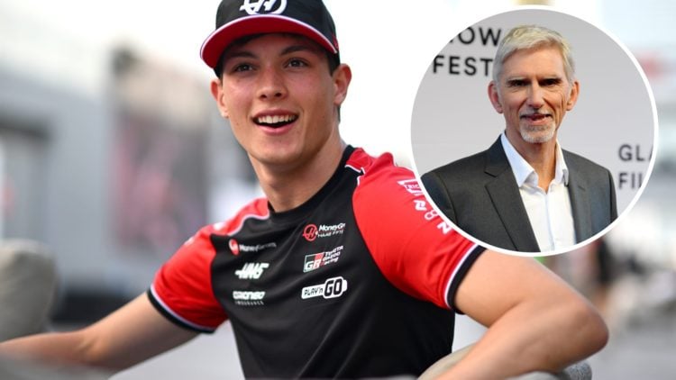 Haas driver Oliver Bearman in the 2025 F1 Saudi Arabian GP paddock with an inset of Damon Hill.
