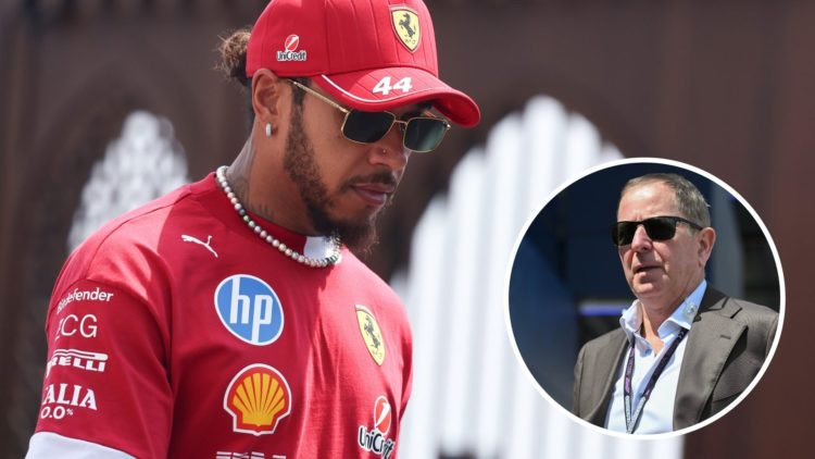 Ferrari driver Lewis Hamilton arrives at the 2025 F1 Saudi Arabian Grand Prix with an inset of Martin Brundle