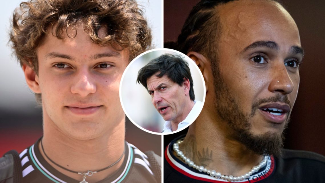 Split image of Kimi Antonelli (L) and Lewis Hamilton (R) at Mercedes in 2024, inset Toto Wolff