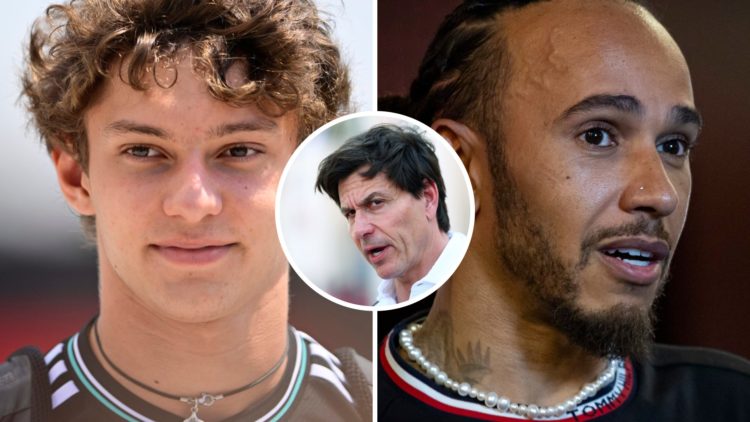 Split image of Kimi Antonelli (L) and Lewis Hamilton (R) at Mercedes in 2024, inset Toto Wolff