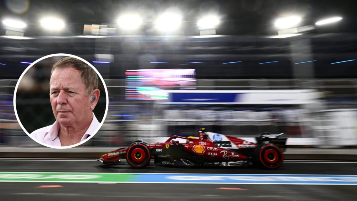 Image of Ferrari driver Lewis Hamilton in the Saudi Arabian Grand Prix pitlane with an inset of Martin Brundle looking on.