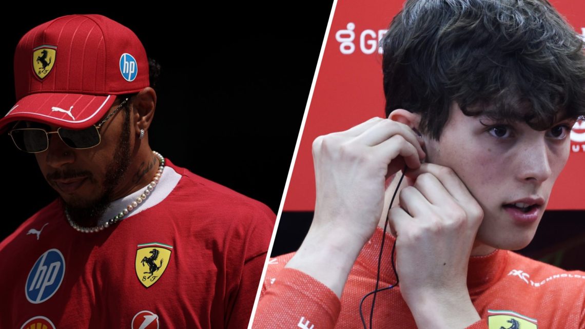 Split image of Ferrari driver Lewis Hamilton walking in the Saudi Arabian Grand Prix paddock and Oliver Bearman in the garage last year.