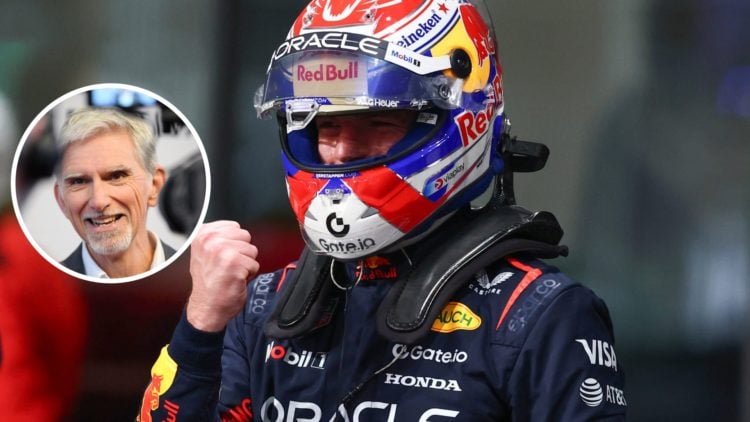 Max Verstappen celebrates pole position at the Saudi Arabian Grand Prix, inset, Damon Hill smiling