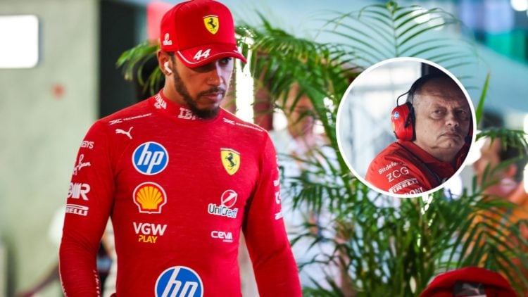 Lewis Hamilton (left) walking through the paddock at the Saudi Arabian Grand Prix, inset, Fred Vasseur (right) sitting on an F1 pit wall