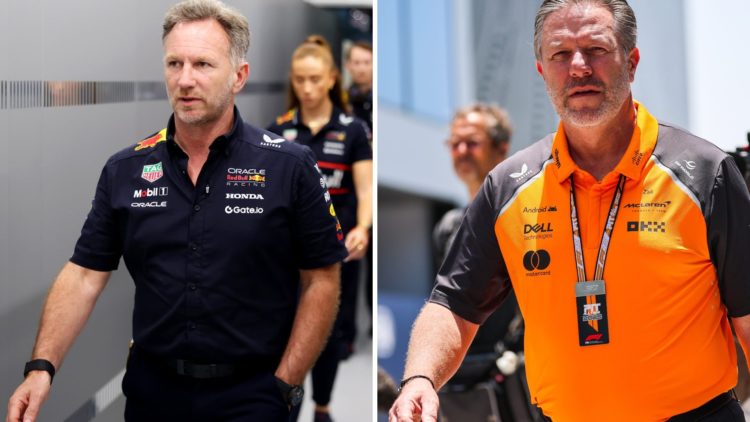 Christian Horner (left) walking through the Red Bull garage, Zak Brown (right) walking through the paddock
