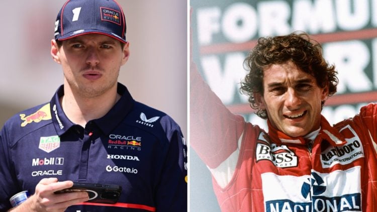 Max Verstappen (left) on the phone at the Bahrain Grand Prix, Ayrton Senna (right) celebrating during the 1993 F1 season