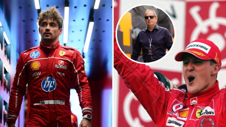 Charles Leclerc (left) walking through the Ferrari garage, Michael Schumacher (right) celebrating on the podium, inset Martin Brundle at the Hungar...