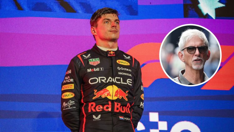 Max Verstappen (centre) standing on the podium at the Saudi Arabian Grand Prix, inset Damon Hill at the Dutch Grand Prix