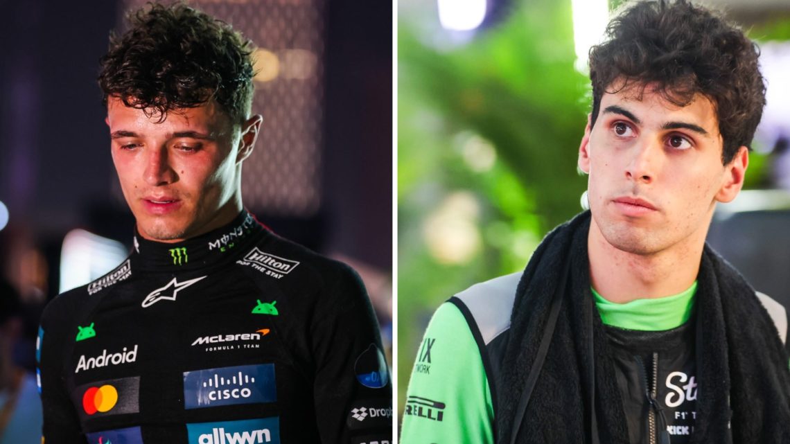 Lando Norris (left) looking exhausted after the Saudi Arabian Grand Prix, Gabriel Bortoleto (right) in the Saudi Arabian Grand Prix paddock