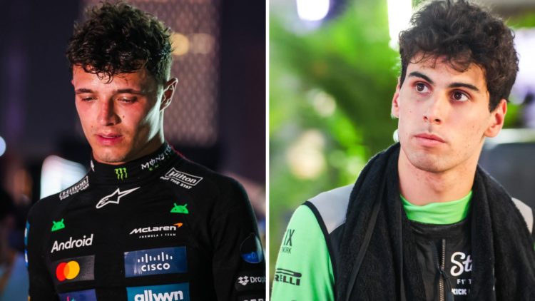 Lando Norris (left) looking exhausted after the Saudi Arabian Grand Prix, Gabriel Bortoleto (right) in the Saudi Arabian Grand Prix paddock