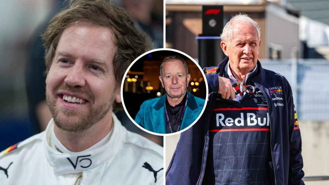 Sebastian Vettel (left) in his racing overalls, Helmut Marko (right) walking through the F1 paddock, Inset, Martin Brundle at the Las Vegas Grand Prix