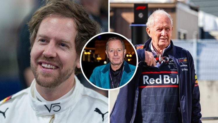Sebastian Vettel (left) in his racing overalls, Helmut Marko (right) walking through the F1 paddock, Inset, Martin Brundle at the Las Vegas Grand Prix