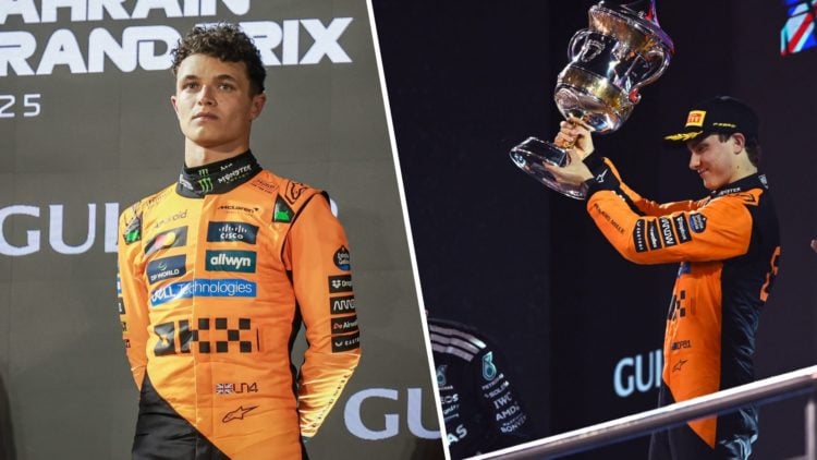 McLaren drivers Lando Norris and Oscar Piastri on the 2025 F1 Bahrain Grand Prix podium