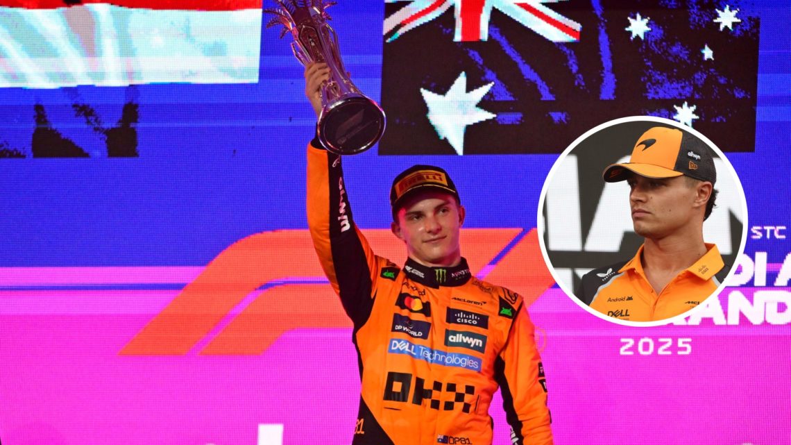 Oscar Piastri (centre) lifting the winners' trophy at the Saudi Arabian Grand Prix, inset, Lando Norris staring to his right.