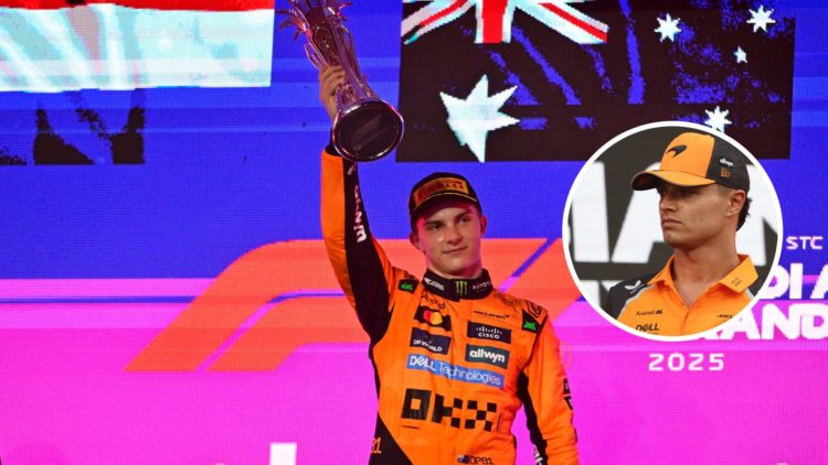 Oscar Piastri (centre) lifting the winners' trophy at the Saudi Arabian Grand Prix, inset, Lando Norris staring to his right.