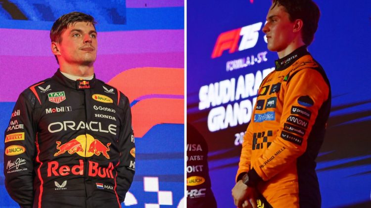 Red Bull and McLaren drivers Max Verstappen and Oscar Piastri on the 2025 F1 Saudi Arabian Grand Prix podium.