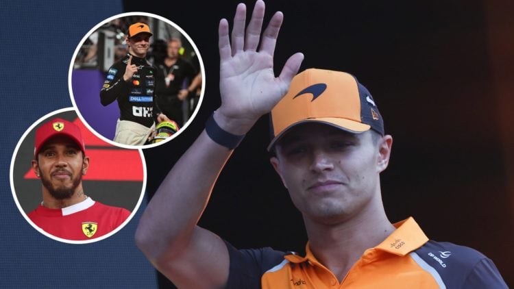 McLaren driver Lando Norris interacts at the 2025 F1 Saudi Arabian Grand Prix with insets of race winner Oscar Piastri and Ferrari driver Lewis Ham...