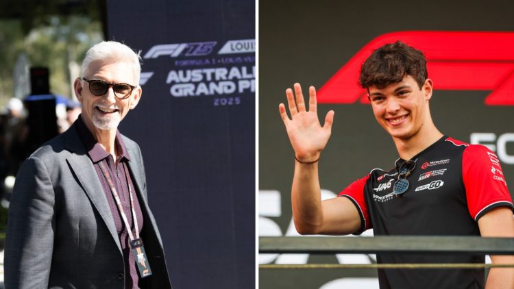 Damon Hill (left) walking through the F1 paddock, Oliver Bearman (right) waving at the Saudi Arabian Grand Prix