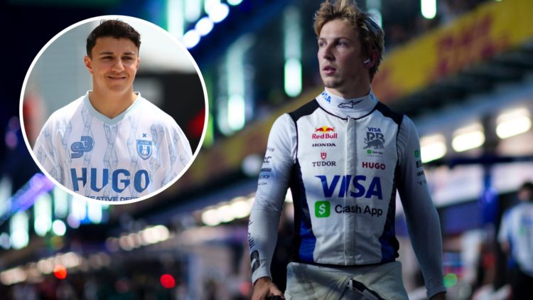 Racing Bulls driver Liam Lawson walks down the 2025 F1 Saudi Arabian GP pit lane with an inset of Isack Hadjar arriving in the Jeddah paddock
