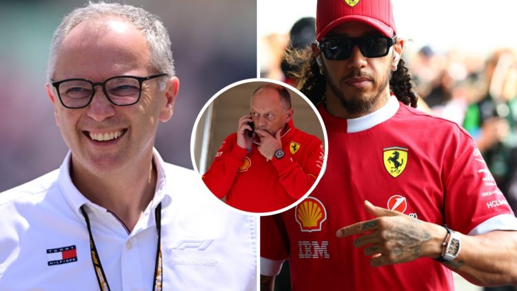 Split image - Stefano Domenicali at the Bahrain Grand Prix (left) Lewis Hamilton at the Bahrain Grand Prix (right), inset Fred Vasseur talking on t...