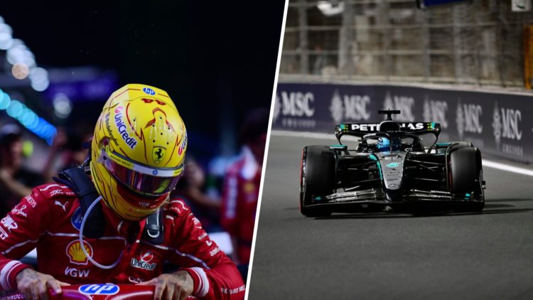 Split image of Ferrari driver Lewis Hamilton climbing into his car on the Saudi Arabian Grand Prix grid and George Russell driving for Mercedes at ...