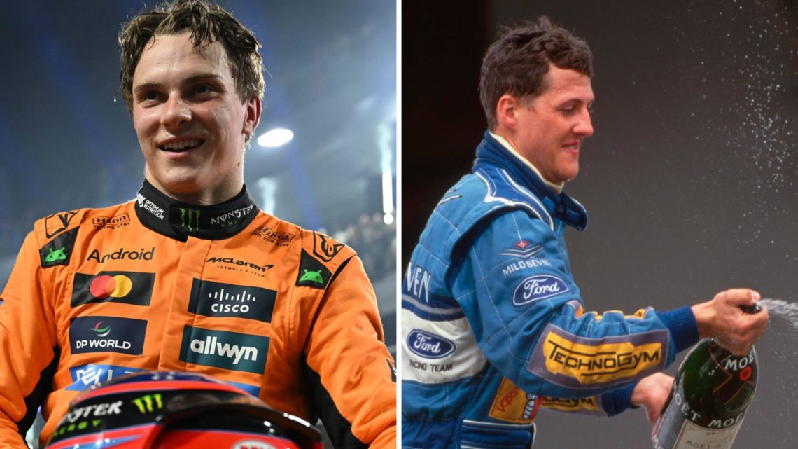 Split image showing McLaren driver Oscar Piastri smiling at the Saudi Arabian Grand Prix and Michael Schumacher spraying champagne in 1994