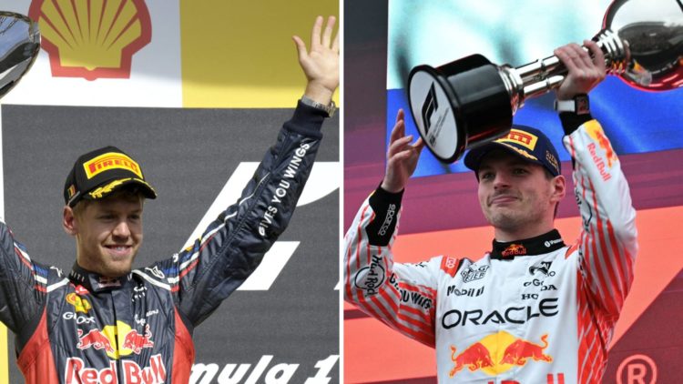 Sebastian Vettel (left) celebrating during the 2012 F1 season, Max Verstappen (right) lifting a trophy on the 2025 Japanese Grand Prix podium