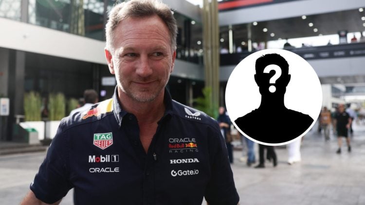 Image of Red Bull team principal Christian Horner in the Saudi Arabian Grand Prix paddock with an inset of a mystery driver