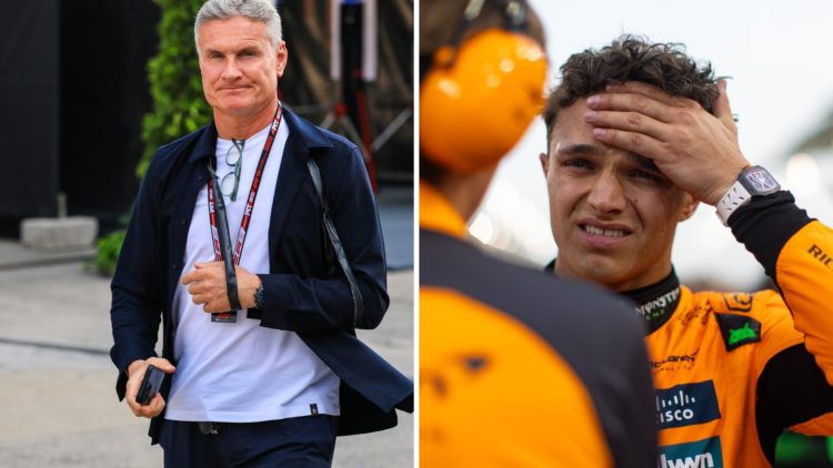 David Coulthard (left) walking through the paddock at the Chinese Grand Prix, Lando Norris (right) mopping his brow on the grid at the Bahrain Gran...