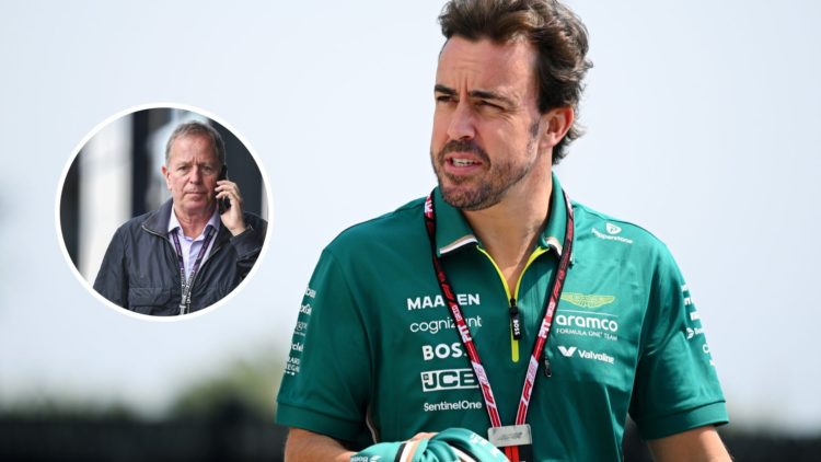 Fernando Alonso (right) walking through the paddock at the Saudi Arabian Grand Prix, inset, Martin Brundle, talking on the phone.