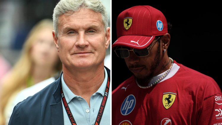 David Coulthard (left) staring into the camera at the 2024 Spanish Grand Prix, Lewis Hamilton (right) at the 2025 Saudi Arabian Grand Prix