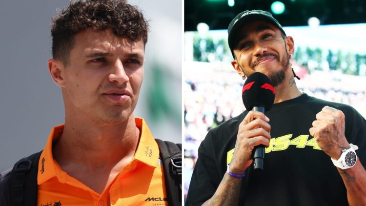 Split image of McLaren driver Lando Norris walking in the Saudi Arabian Grand Prix paddock and Lewis Hamilton celebrating during his Mercedes days