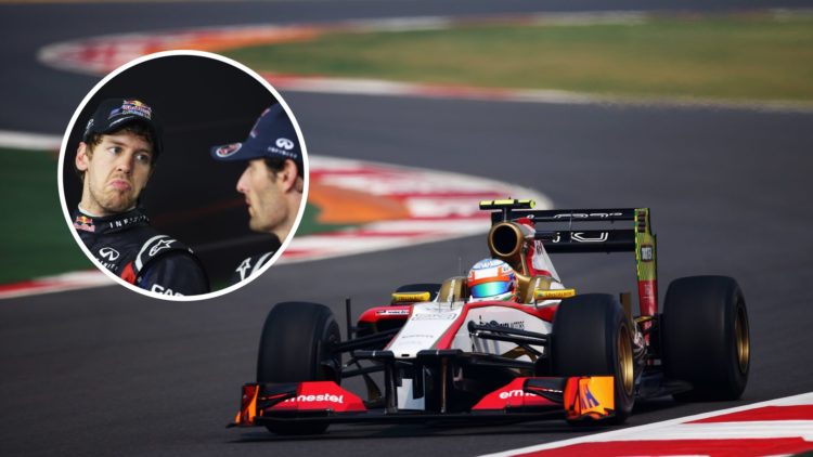 Narain Karthikeyan drives at the second ever Indian Grand Prix in 2012