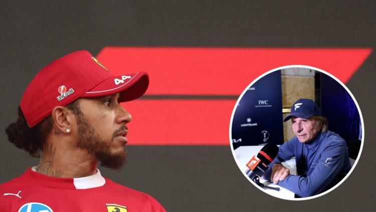 Ferrari driver Lewis Hamilton speaks at the 2025 F1 Saudi Arabian Grand Prix with an inset of Emerson Fittipaldi