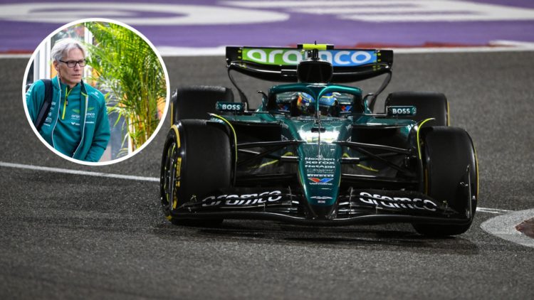 Fernando Alonso on track at the 2025 F1 Bahrain Grand Prix. Inset, Aston Martin chief trackside officer Mike Krack arrives at the Chinese Grand Prix