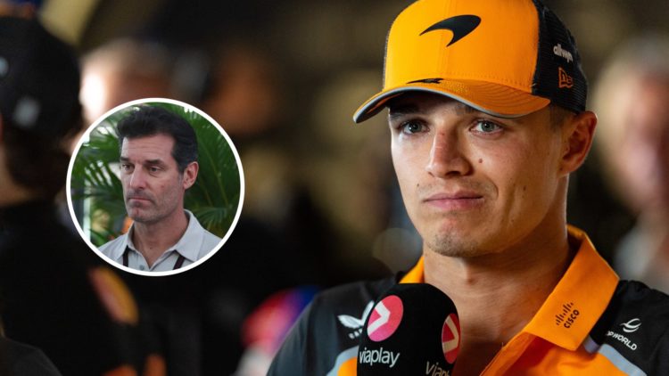 Lando Norris speaks to media after the Saudi Arabian GP. Inset: Mark Webber, Oscar Piastri's manager