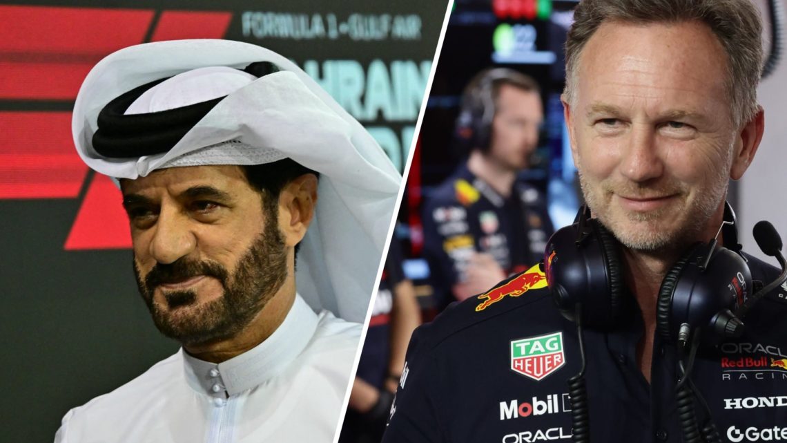 Split image of FIA president Mohammed Ben Sulayem and Red Bull team principal Christian Horner, both in the Formula 1 paddock.