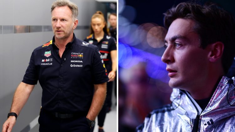 Christian Horner (left) walking through the Red Bull garage, George Russell (right) at the Saudi Arabian Grand Prix
