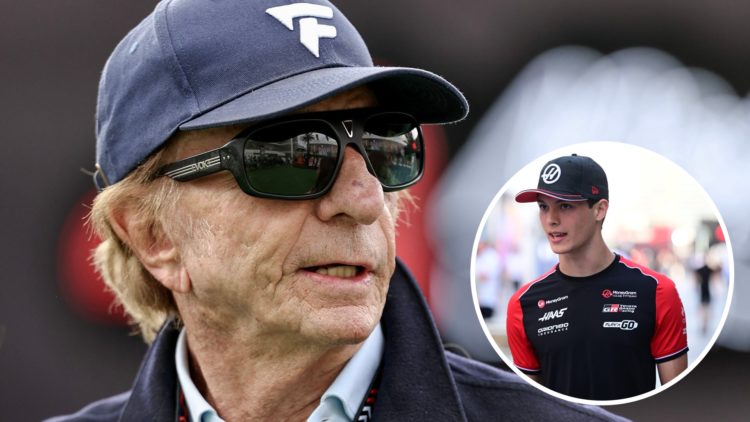 Emerson Fittipaldi at the 2024 F1 Mexico City Grand Prix with an inset of Haas driver Oliver Bearman