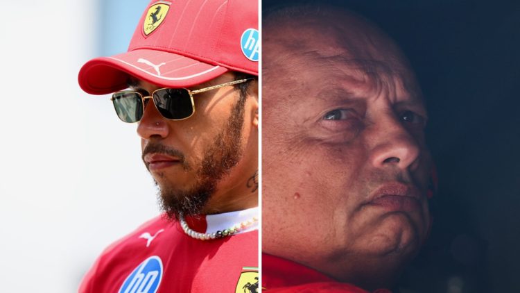 Lewis Hamilton (left) in the Saudi Arabian Grand Prix paddock, Fred Vasseur (right) sitting on the Ferrari pitwall