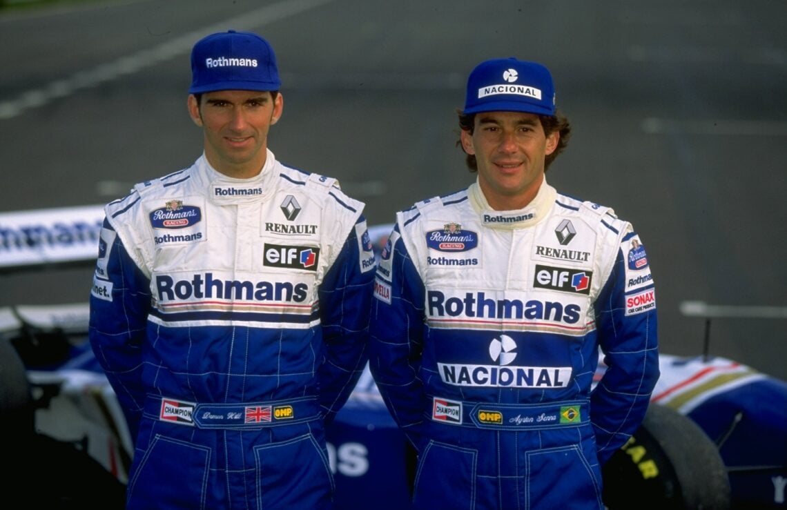 Jan 1994: Portrait of Williams Renault drivers Damon Hill of Great Britain and Ayrton Senna of Brazil during the Formula One testing at the Estori...