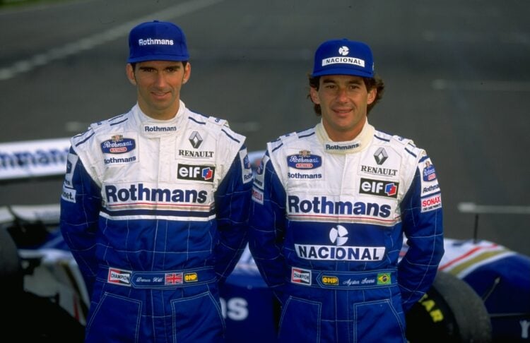 Jan 1994:  Portrait of Williams Renault drivers Damon Hill of Great Britain and Ayrton Senna of Brazil during the Formula One testing at the Estori...