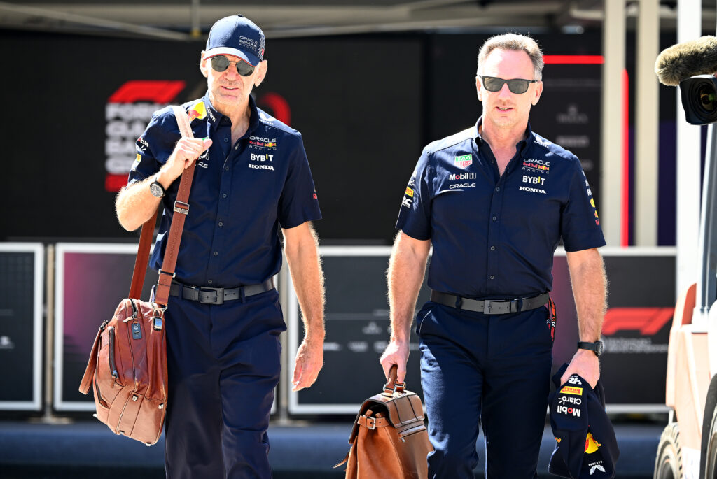 Adrian Newey and Red Bull team principal Christian Horner walking through the paddock at the Bahrain Grand Prix