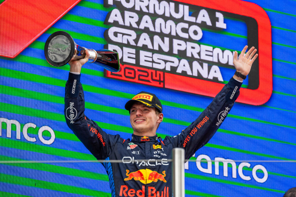 Red Bull driver Max Verstappen celebrates winning the 2024 F1 Spanish Grand Prix
