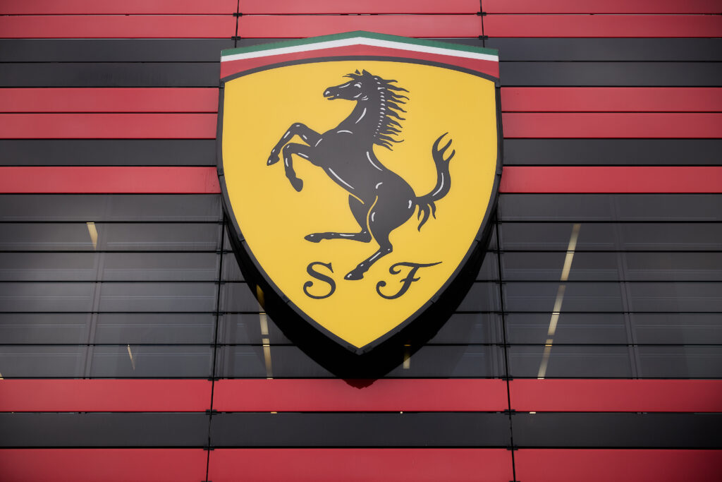 Ferrari logo is seen outside the Ferrari headquarters in Maranello during Lewis Hamilton's first official test