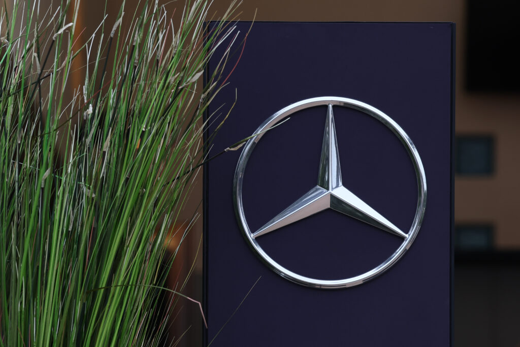 The Mercedes logo seen during pre-season testing in 2025 in Bahrain